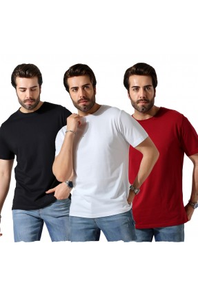 Erkek 3'Lü Paket Comfort Fit %100 Pamuk Penye Kompakt T-Shirt 31751 SİYAH-BEYAZ-BORDO