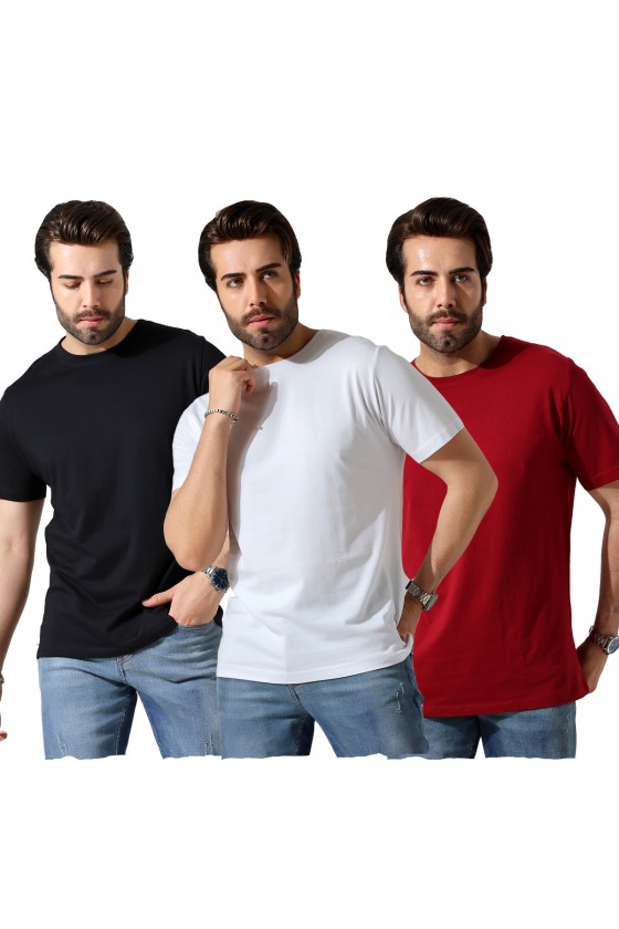 Erkek 3'Lü Paket Comfort Fit %100 Pamuk Penye Kompakt T-Shirt 31751 SİYAH-BEYAZ-BORDO