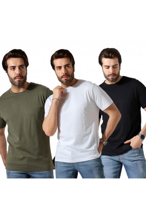 Erkek 3'Lü Paket Comfort Fit %100 Pamuk Penye Kompakt T-Shirt 31751 SİYAH-BEYAZ-HAKİ