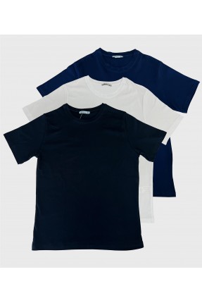 Erkek 3'Lü Paket Comfort Fit %100 Pamuk Penye Kompakt T-Shirt 31751 SİYAH-BEYAZ-LACİVERT