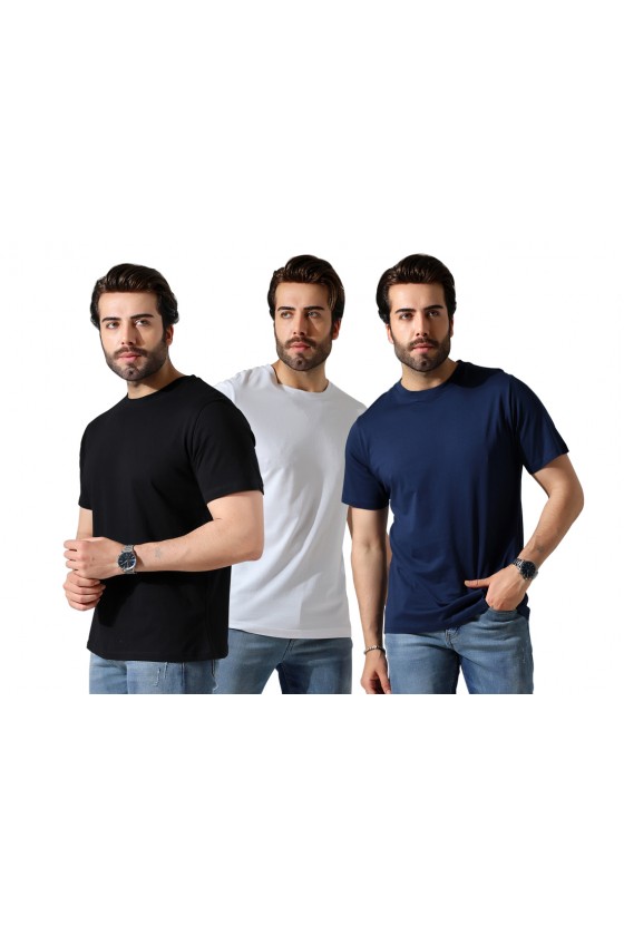 Erkek 3'Lü Paket Comfort Fit %100 Pamuk Penye Kompakt T-Shirt 31751 SİYAH-BEYAZ-LACİVERT