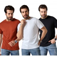 Erkek 3'Lü Paket Comfort Fit %100 Pamuk Penye Kompakt T-Shirt 31751 SİYAH-BEYAZ-TABA
