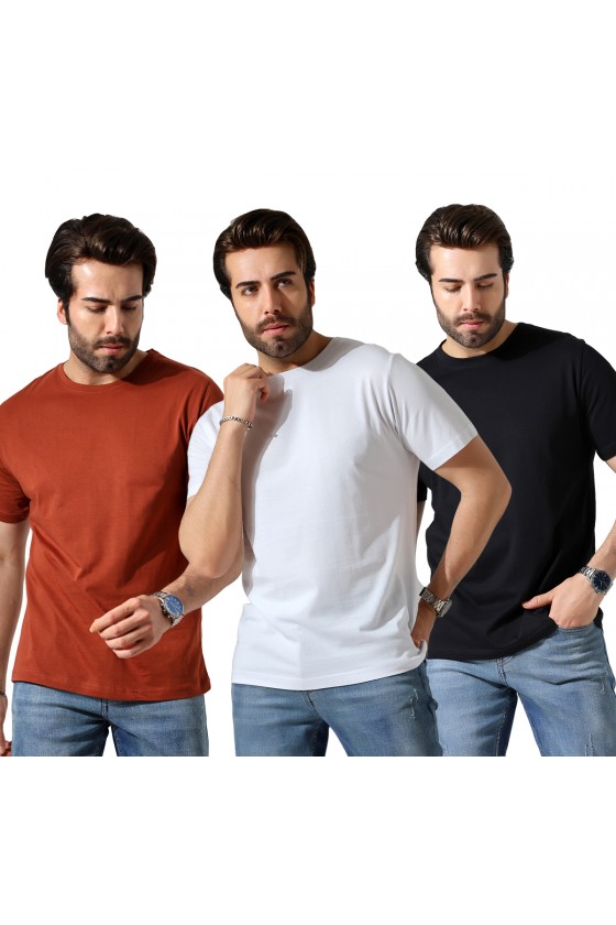 Erkek 3'Lü Paket Comfort Fit %100 Pamuk Penye Kompakt T-Shirt 31751 SİYAH-BEYAZ-TABA