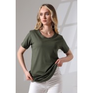 Eteği Oval Salaş Pamuklu Penye Kompakt T-Shirt 21733 HAKİ