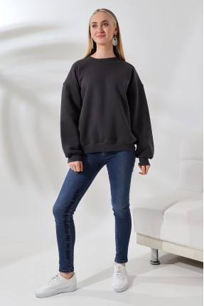 Şardonlu Omuz Detaylı Bisiklet Yaka Oversize Sweatshirt 21616 FÜME