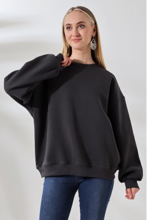 Şardonlu Omuz Detaylı Bisiklet Yaka Oversize Sweatshirt 21616 FÜME