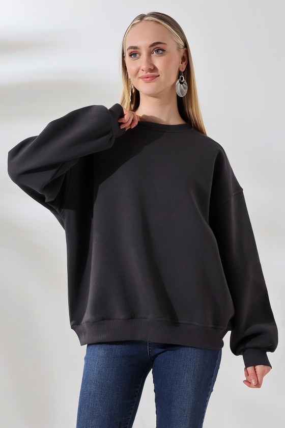 Şardonlu Omuz Detaylı Bisiklet Yaka Oversize Sweatshirt 21616 FÜME