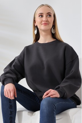 Şardonlu Omuz Detaylı Bisiklet Yaka Oversize Sweatshirt 21616 FÜME