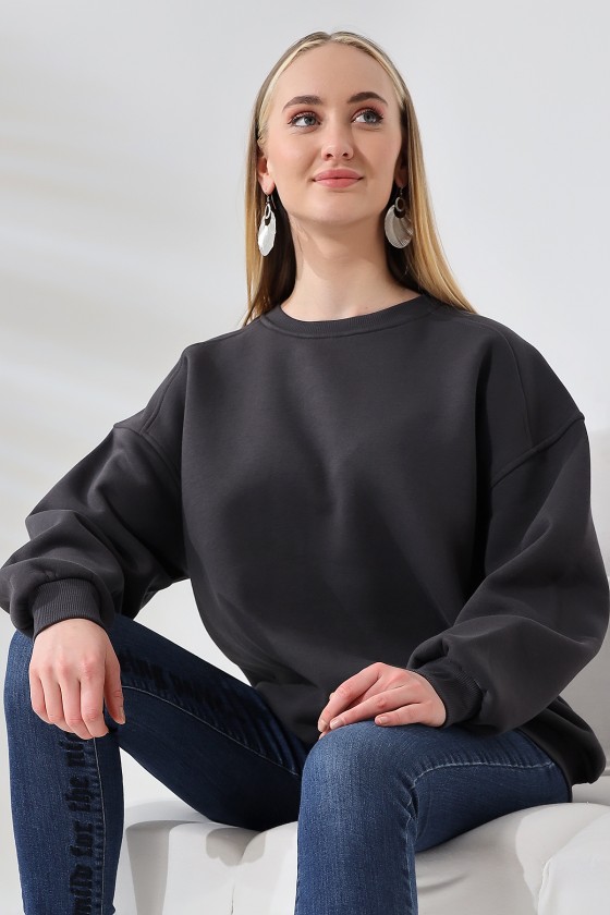 Şardonlu Omuz Detaylı Bisiklet Yaka Oversize Sweatshirt 21616 FÜME