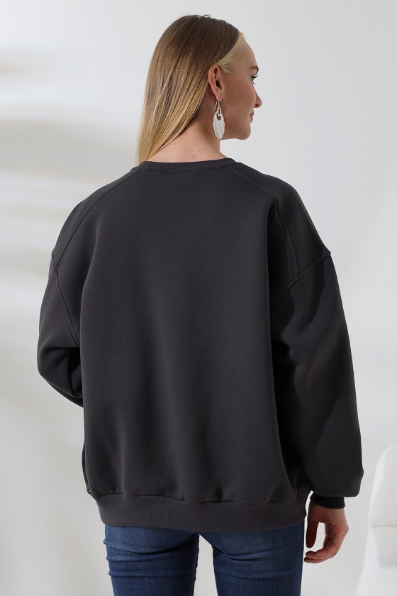 Şardonlu Omuz Detaylı Bisiklet Yaka Oversize Sweatshirt 21616 FÜME