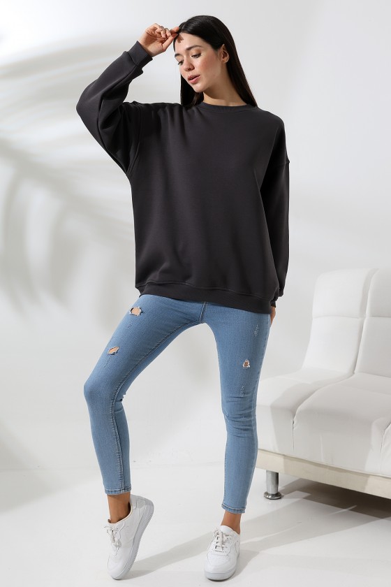 Şardonlu Bisiklet Yaka Oversize Sweatshirt 21620 FÜME