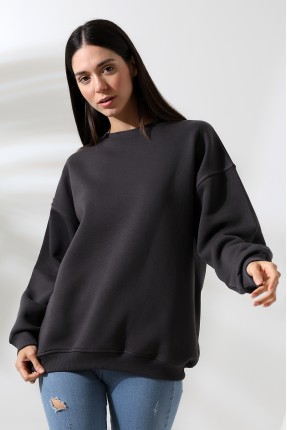 Şardonlu Bisiklet Yaka Oversize Sweatshirt 21620 FÜME