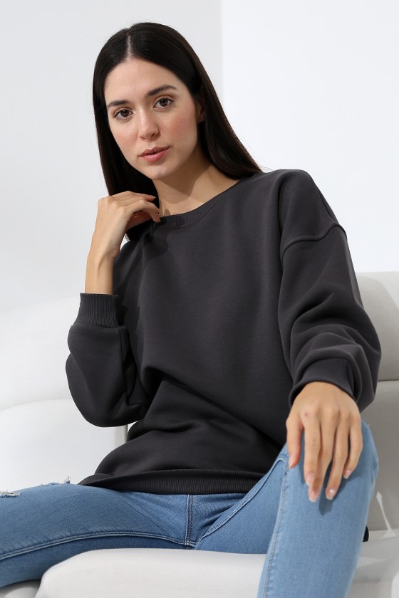 Şardonlu Bisiklet Yaka Oversize Sweatshirt 21620 FÜME