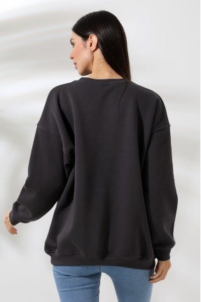 Şardonlu Bisiklet Yaka Oversize Sweatshirt 21620 FÜME