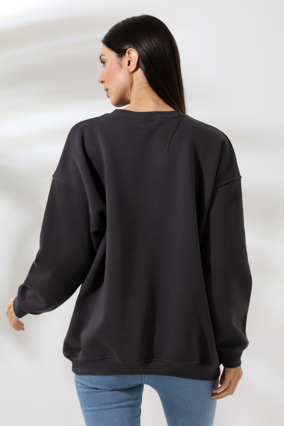 Şardonlu Bisiklet Yaka Oversize Sweatshirt 21620 FÜME