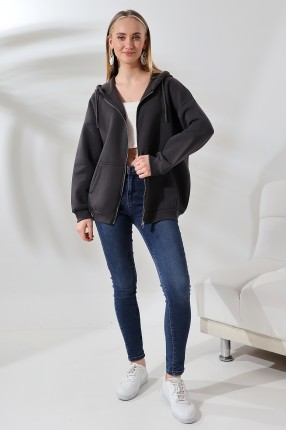 Şardonlu Fermuarlı Kapüşonlu Oversize Sweatshirt 21618 FÜME