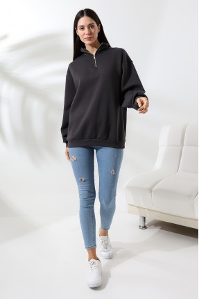 Şardonlu Yarım Fermuarlı Oversize Sweatshirt 21622 FÜME