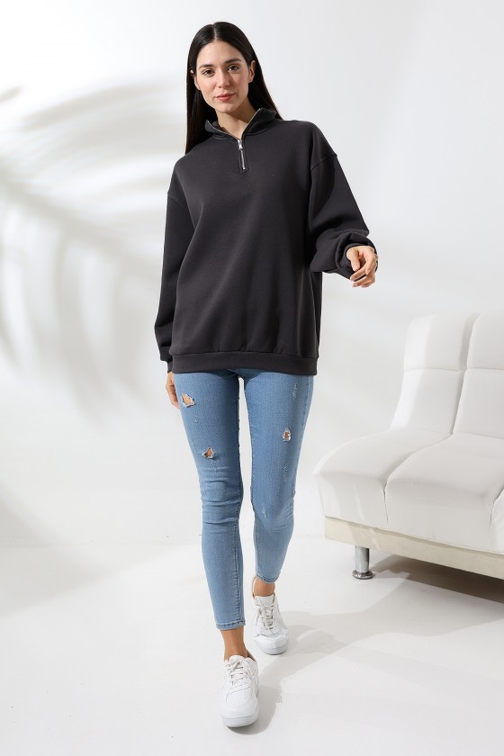 Şardonlu Yarım Fermuarlı Oversize Sweatshirt 21622 FÜME