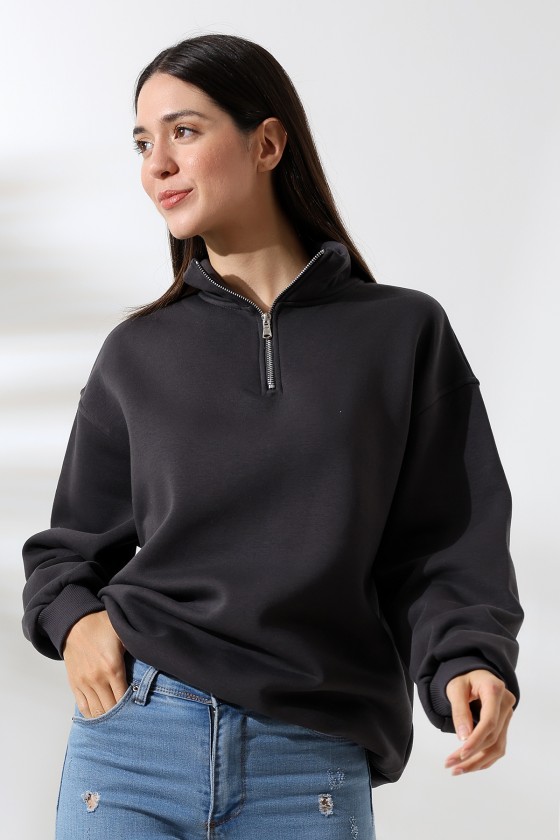 Şardonlu Yarım Fermuarlı Oversize Sweatshirt 21622 FÜME