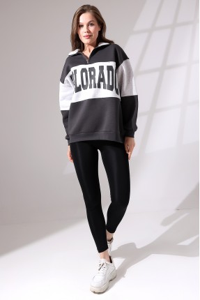 Şardonlu Garnili Baskılı Yarım Fermuarlı Oversize Sweatshirt 21623 FÜME