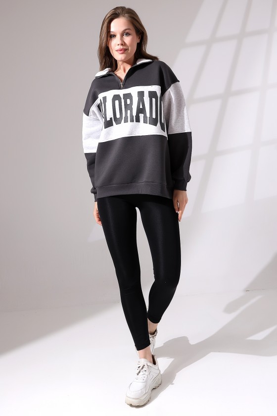 Şardonlu Garnili Baskılı Yarım Fermuarlı Oversize Sweatshirt 21623 FÜME