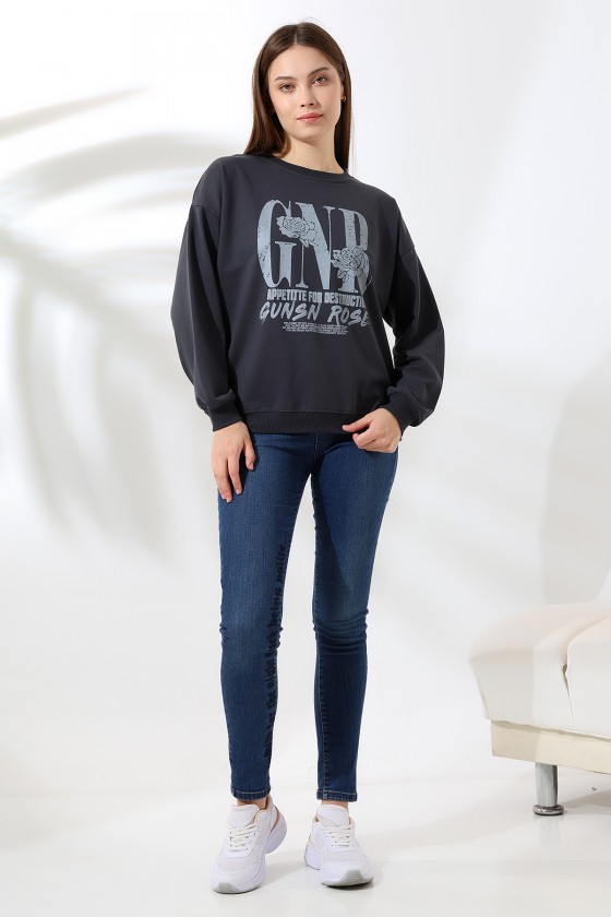 Baskılı Oversize Sweatshirt 21648 FÜME