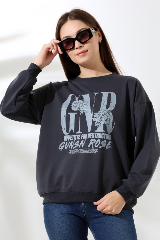 Baskılı Oversize Sweatshirt 21648 FÜME