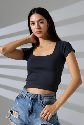 Kare Yaka Likralı Ribana Kumaş Kadın T-Shirt 21804 FÜME