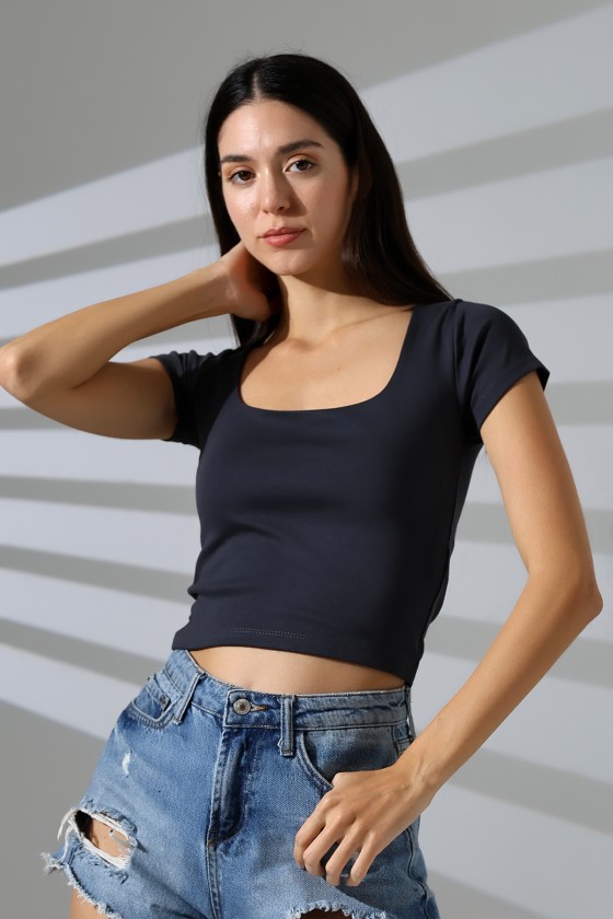 Kare Yaka Likralı Ribana Kumaş Kadın T-Shirt 21804 FÜME