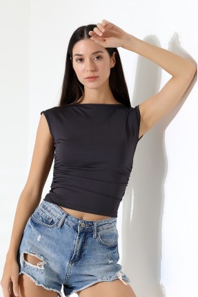 Kayık Yaka Japone Kol Büzgülü Basic Kolsuz Kadın T-Shirt 21895 FÜME