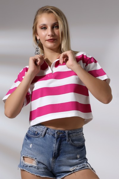 Kalın Çizgili Polo Yaka Kısa Kol T-Shirt 20444 FUŞYA