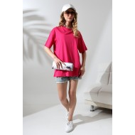 Oversize Bisiklet Yaka %100 Pamuk Penye Kompakt Basic T-Shirt 21752 FUŞYA