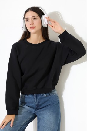 Geniş Bisiklet Yaka Pamuklu Şardonlu Karyokalı Geniş Reglan Kol Yumuşak Dokulu Basic Kadın Sweatshirt 21973 SİYAH