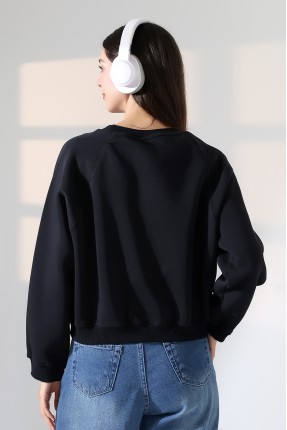 Geniş Bisiklet Yaka Pamuklu Şardonlu Karyokalı Geniş Reglan Kol Yumuşak Dokulu Basic Kadın Sweatshirt 21973 SİYAH