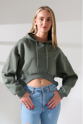 Geniş Rahat Kesim Önü Oval Kesim Kapuşonlu Kanguru Önden Cepli Crop Kolları Geniş Kadın Sweatshirt 21968 HAKİ