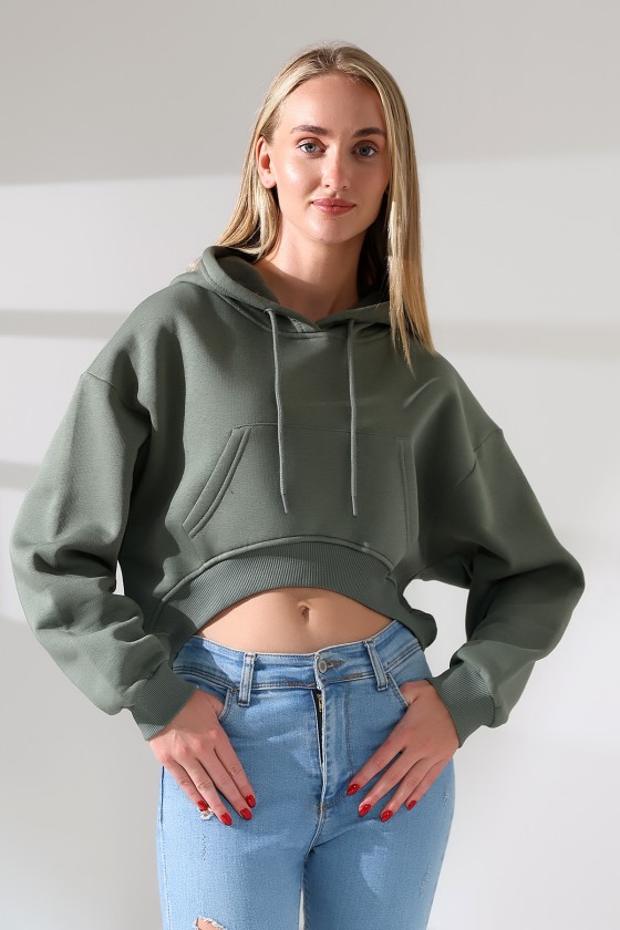 Geniş Rahat Kesim Önü Oval Kesim Kapuşonlu Kanguru Önden Cepli Crop Kolları Geniş Kadın Sweatshirt 21968 HAKİ