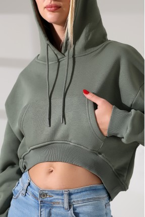 Geniş Rahat Kesim Önü Oval Kesim Kapuşonlu Kanguru Önden Cepli Crop Kolları Geniş Kadın Sweatshirt 21968 HAKİ