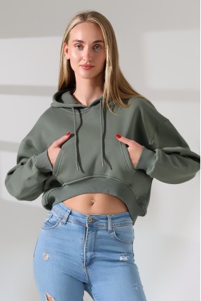 Geniş Rahat Kesim Önü Oval Kesim Kapuşonlu Kanguru Önden Cepli Crop Kolları Geniş Kadın Sweatshirt 21968 HAKİ