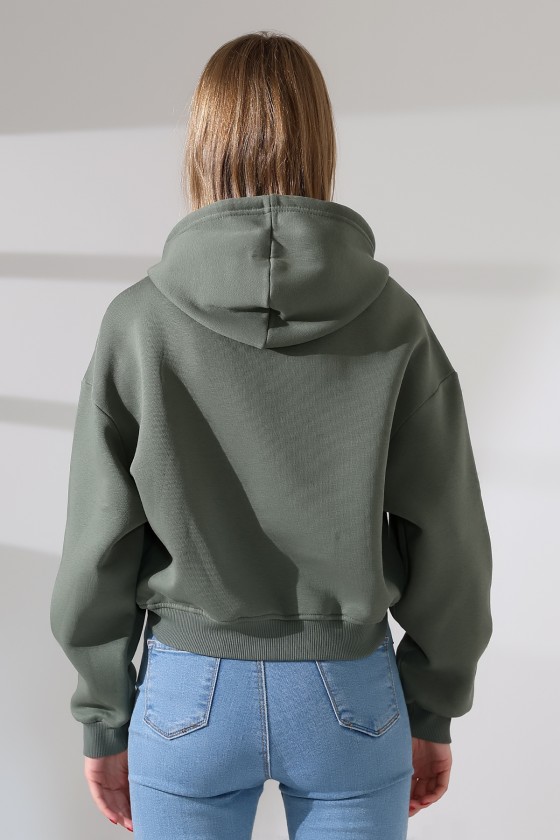 Geniş Rahat Kesim Önü Oval Kesim Kapuşonlu Kanguru Önden Cepli Crop Kolları Geniş Kadın Sweatshirt 21968 HAKİ