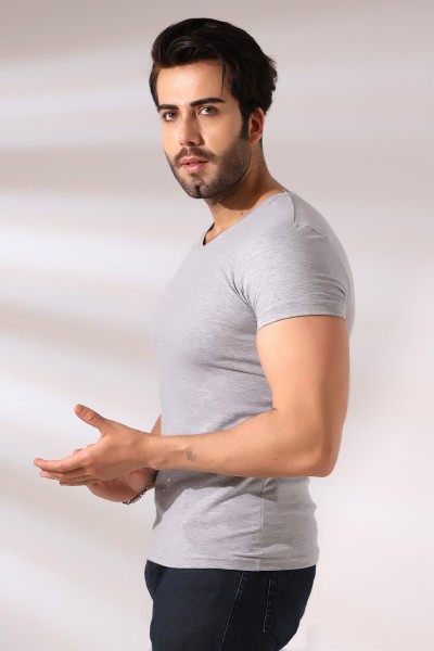 V Yaka Kısa Kol Basic Penye Kompakt Likralı T-Shirt 19956  GRİMELANJ V Yaka Kısa Kol Basic Penye Kompakt Likralı T-Shirt 19956  GRİMELANJ