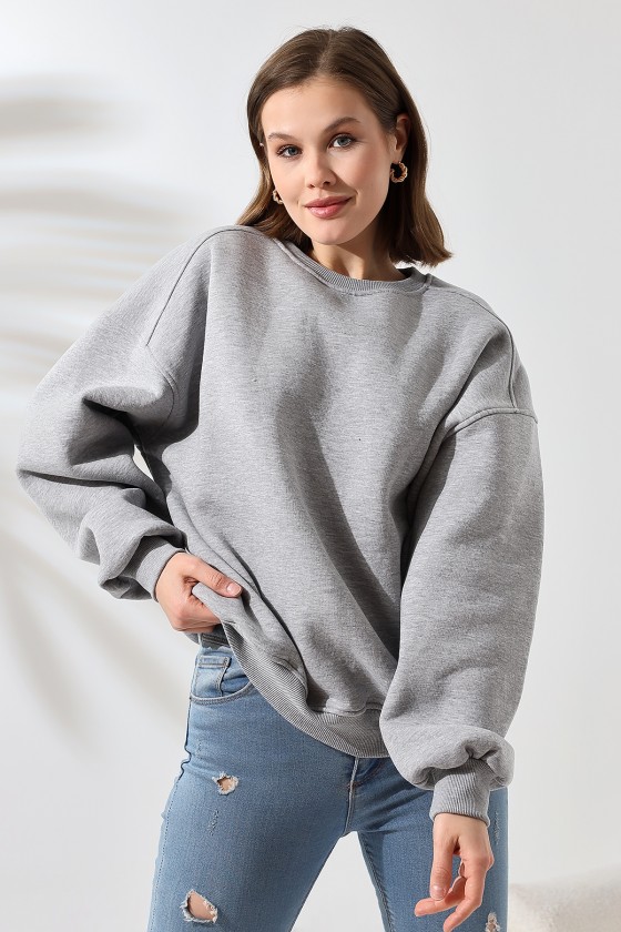 Şardonlu Omuz Detaylı Bisiklet Yaka Oversize Sweatshirt 21616 GRİMELANJ