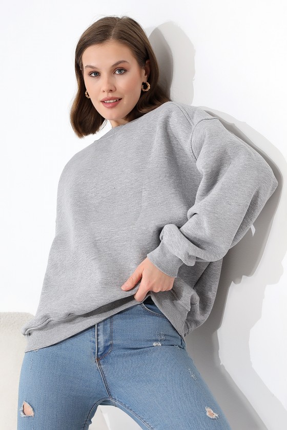 Şardonlu Omuz Detaylı Bisiklet Yaka Oversize Sweatshirt 21616 GRİMELANJ