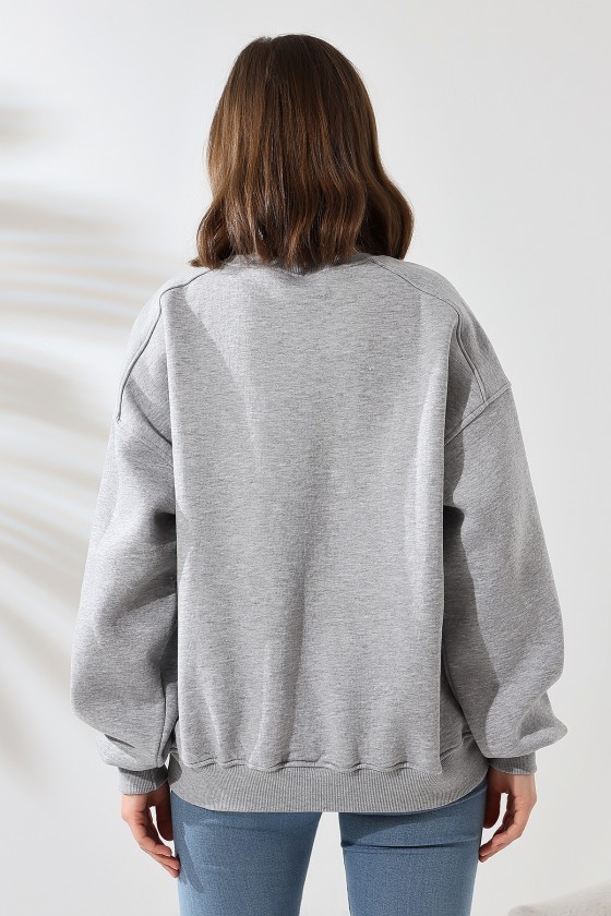 Şardonlu Omuz Detaylı Bisiklet Yaka Oversize Sweatshirt 21616 GRİMELANJ