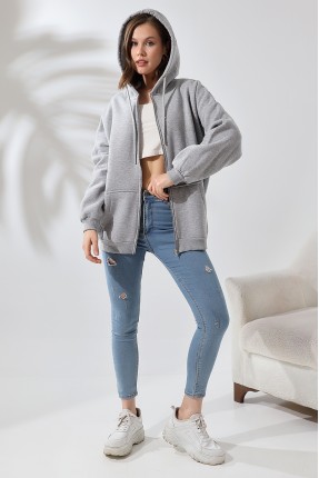 Şardonlu Fermuarlı Kapüşonlu Oversize Sweatshirt 21618 GRİMELANJ