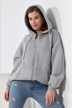 Şardonlu Fermuarlı Kapüşonlu Oversize Sweatshirt 21618 GRİMELANJ