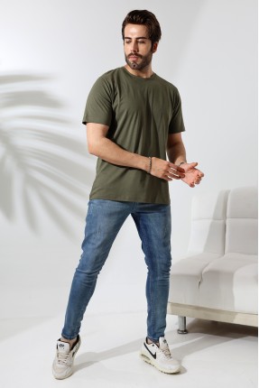 Erkek %100 Pamuklu Penye Kompakt Bisiklet Yaka Comfort Fit Basic T-Shirt 21751 HAKİ