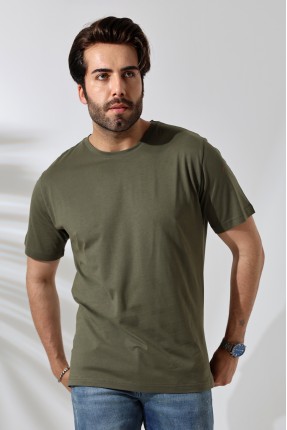 Erkek %100 Pamuklu Penye Kompakt Bisiklet Yaka Comfort Fit Basic T-Shirt 21751 HAKİ