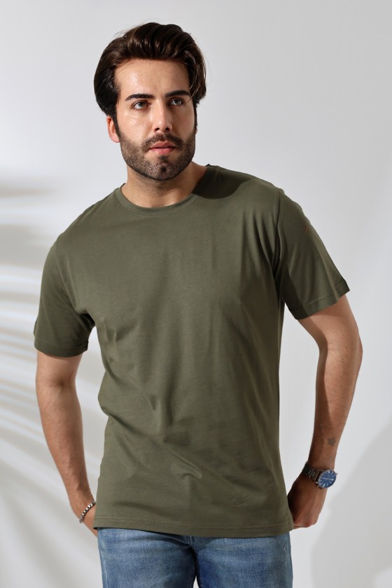 Erkek %100 Pamuklu Penye Kompakt Bisiklet Yaka Comfort Fit Basic T-Shirt 21751 HAKİ