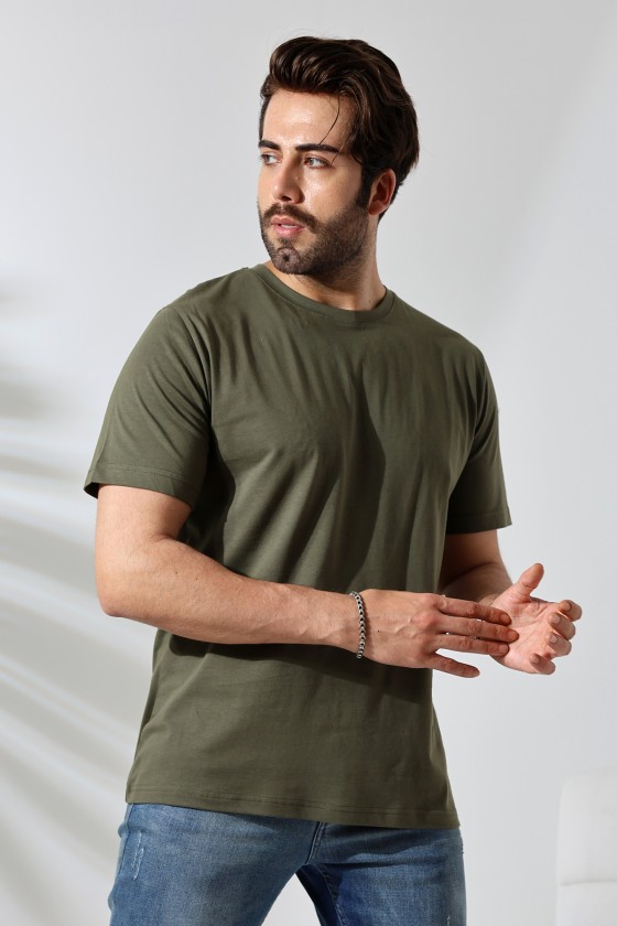 Erkek %100 Pamuklu Penye Kompakt Bisiklet Yaka Comfort Fit Basic T-Shirt 21751 HAKİ