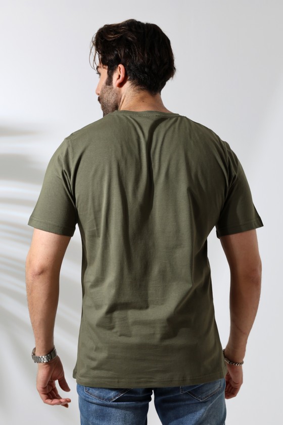 Erkek %100 Pamuklu Penye Kompakt Bisiklet Yaka Comfort Fit Basic T-Shirt 21751 HAKİ